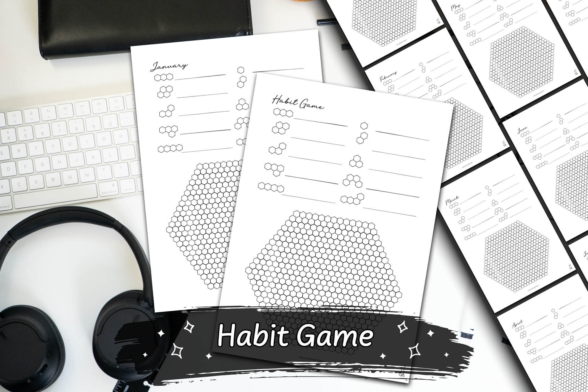 Black Hand-Drawn Circle Habit Game Digital Download on a white desk with black stationary