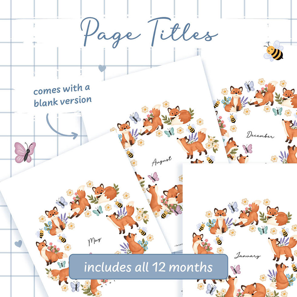 Printable title page featuring a fox cub, butterfly and wildflower wreath illustration.