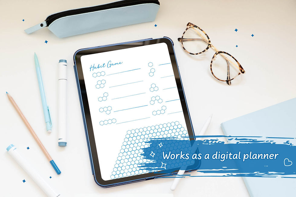 Thumbnail: Blue Hand-Drawn Hexagon Habit Game Digital Download on a white desk with blue stationary