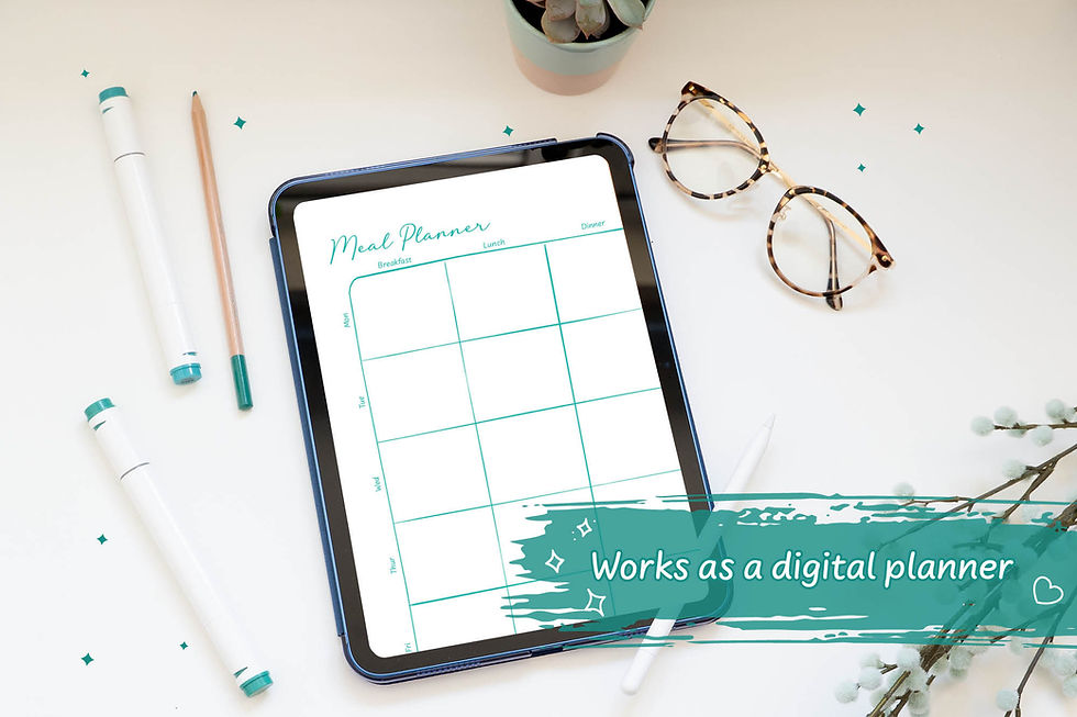 Thumbnail: Teal Hand-Drawn Meal Planner Digital Download on a white desk with teal stationary