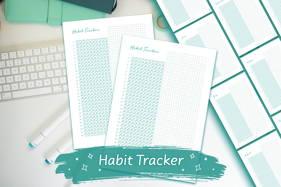 Teal Hand-Drawn Small Circle Habit Tracker Digital Download on a white desk with teal stationary