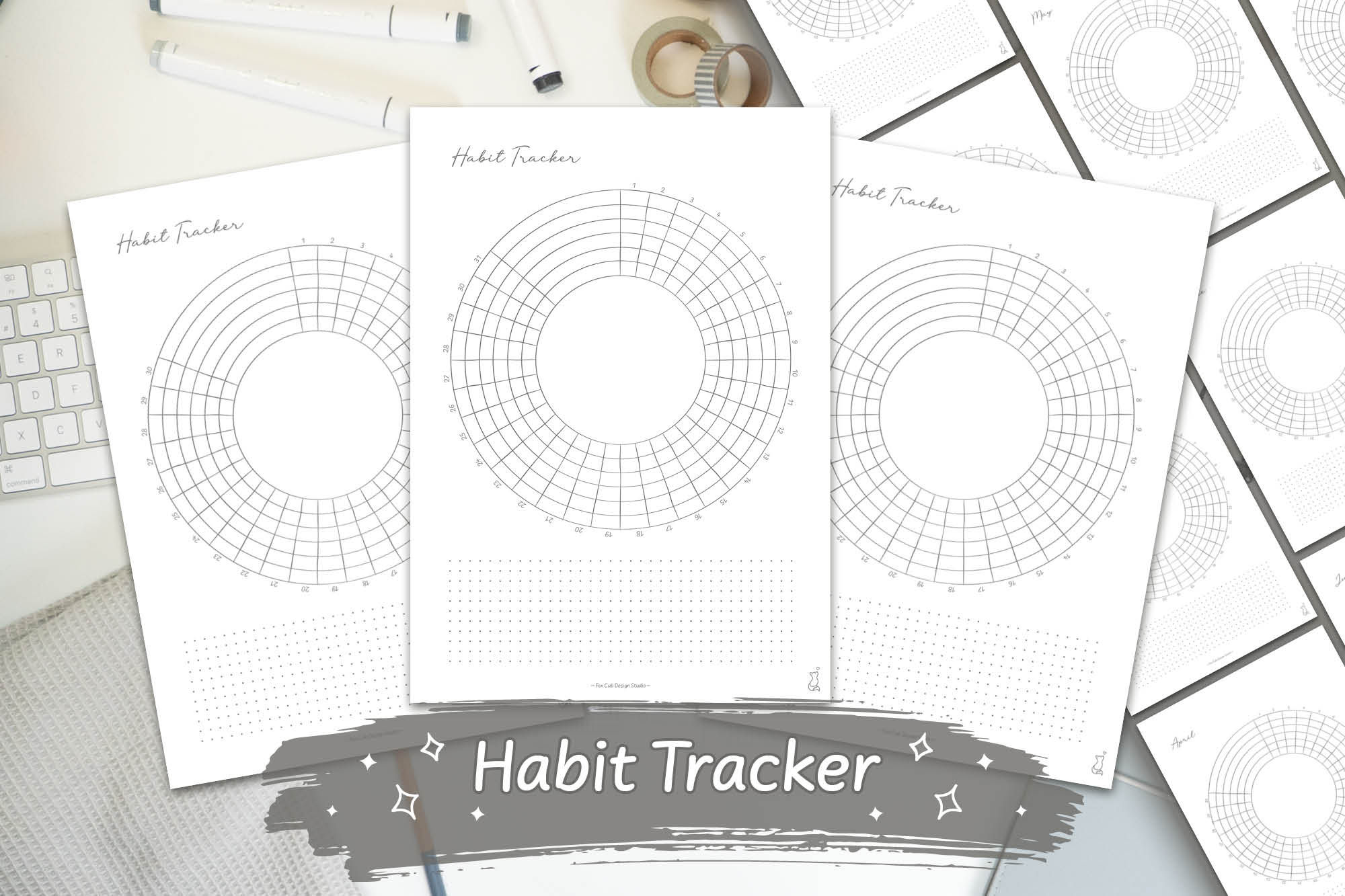 Grey Hand-Drawn Circle Habit Tracker Digital Download on a white desk with grey stationary