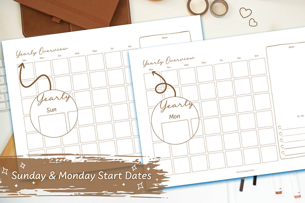 Thumbnail: Brown Hand-Drawn Landscape Calendar Bundle Digital Download on a white desk with brown stationary