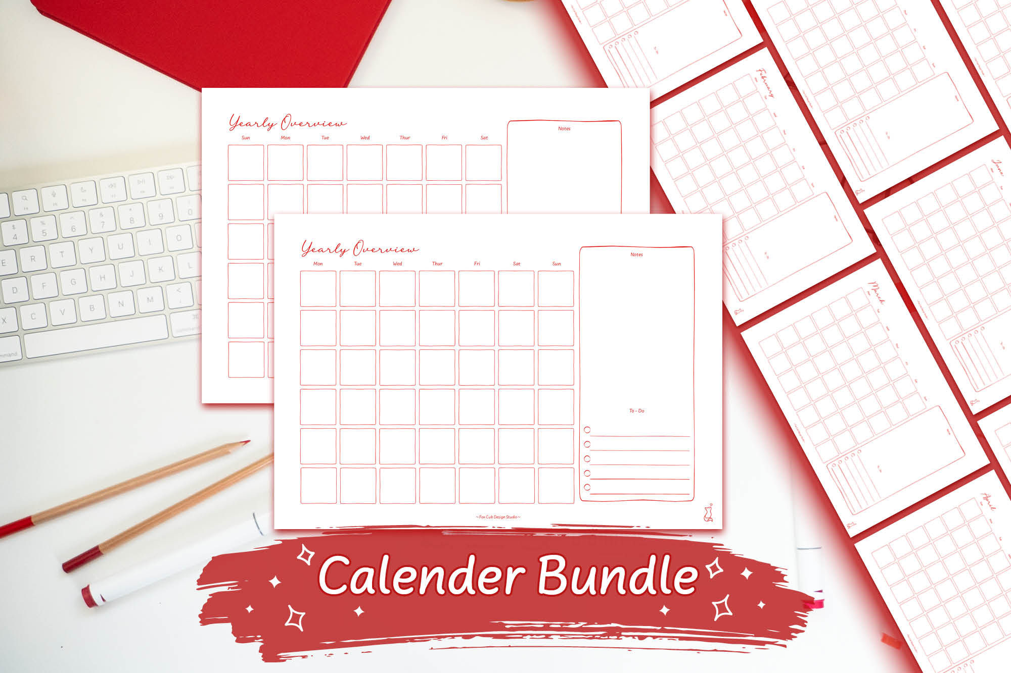 Red Hand-Drawn Landscape Calendar Bundle Digital Download on a white desk with red stationary
