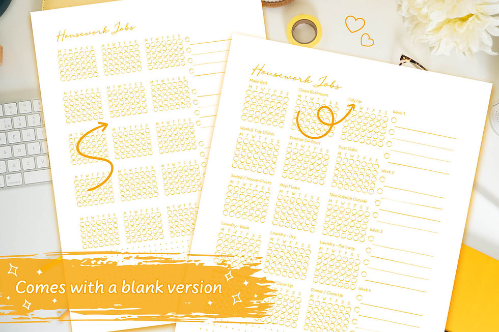 Yellow Hand-Drawn Housework Jobs Digital Download on a white desk with yellow stationary