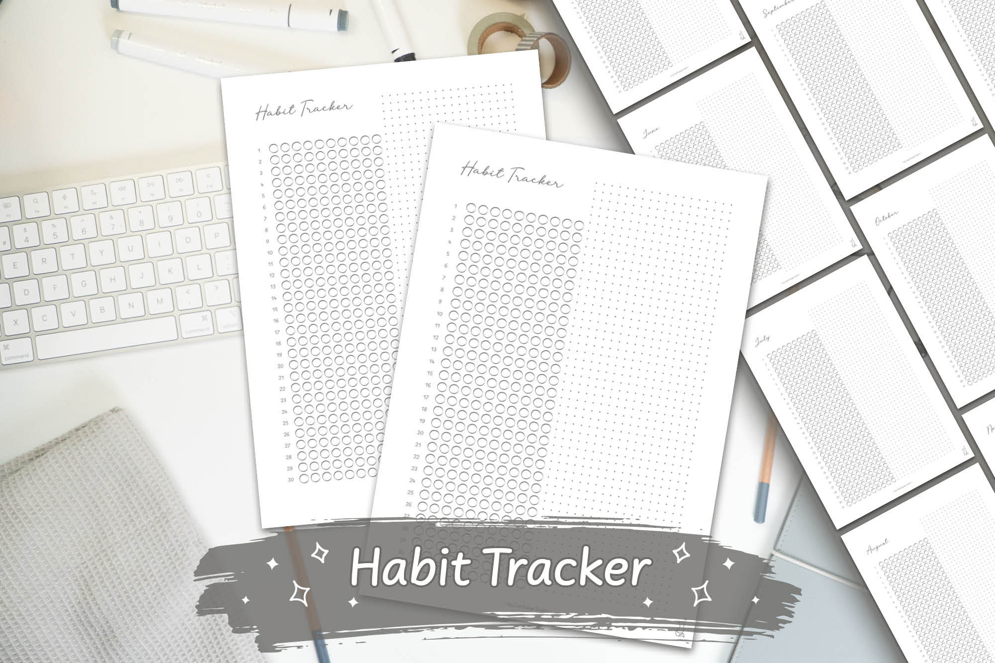 Grey Hand-Drawn Small Circle Habit Tracker Digital Download on a white desk with grey stationary