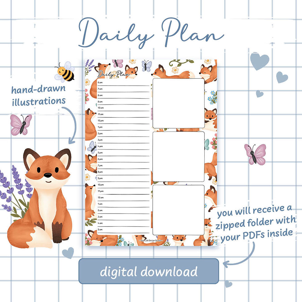 Printable daily planner page with a 24-hour schedule and three customisable planning boxes, featuring hand-drawn fox cub, but