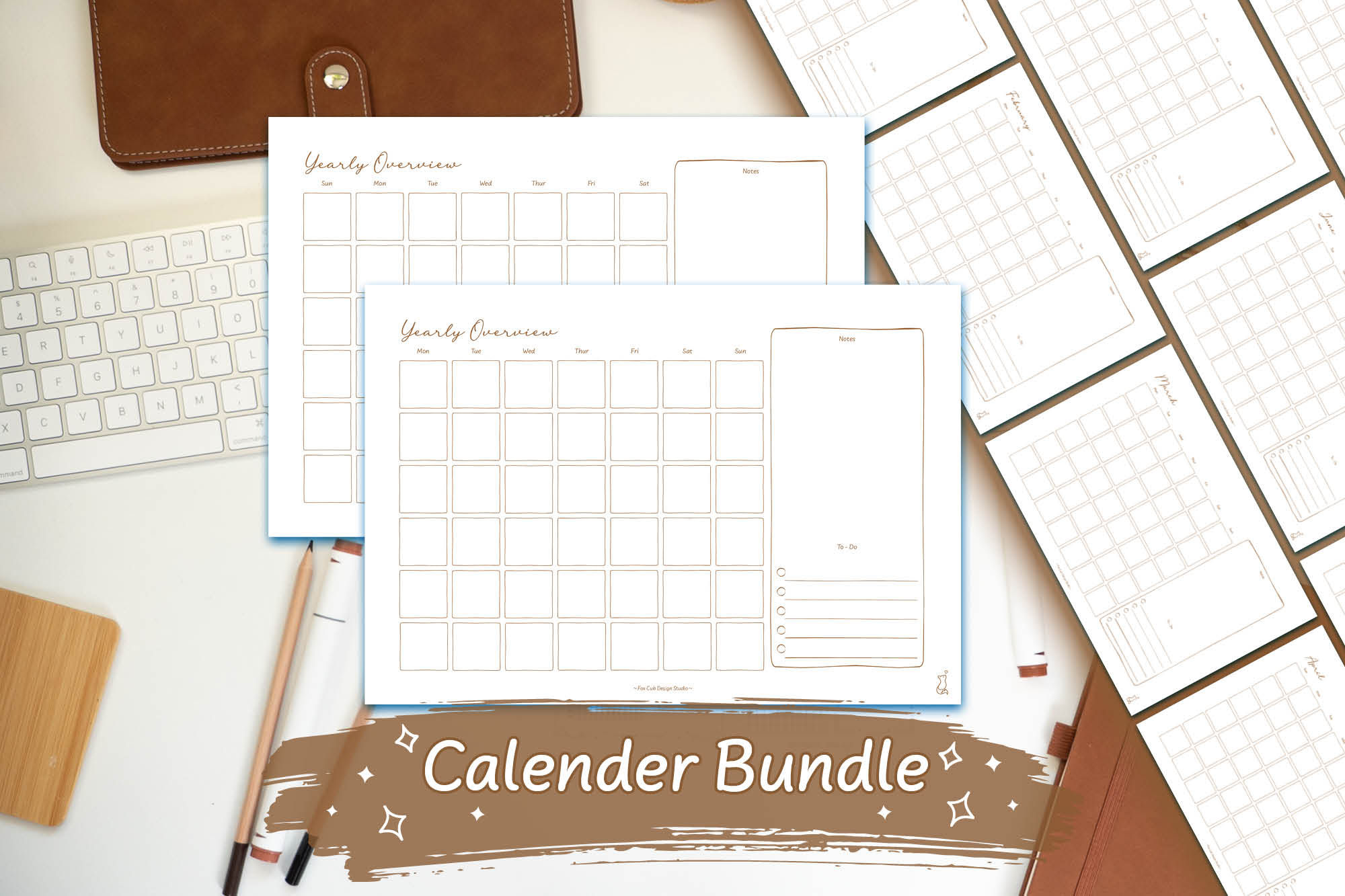 Brown Hand-Drawn Landscape Calendar Bundle Digital Download on a white desk with brown stationary