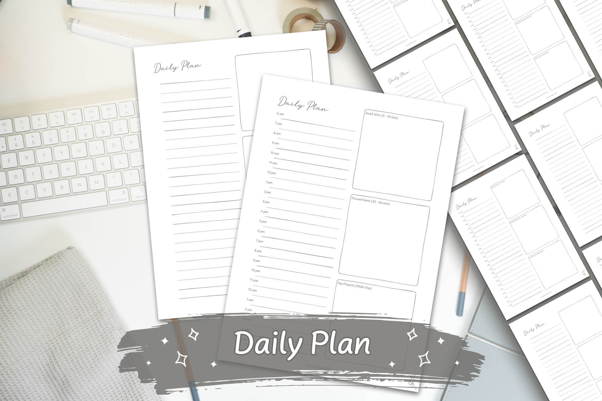 Grey Hand-Drawn Daily Plan Digital Download on a white desk with grey stationary