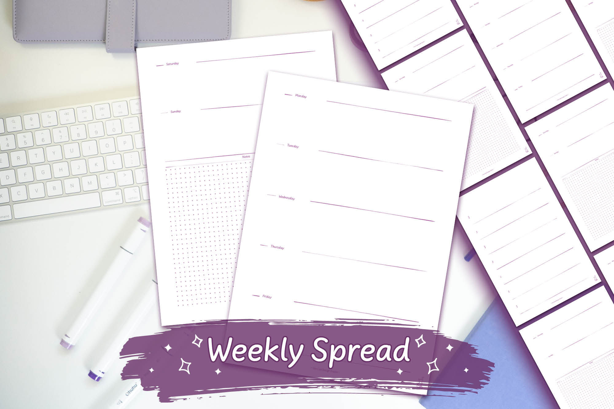 Purple Hand-Drawn Weekly Spread Design 1 Digital Download on a white desk with purple stationary