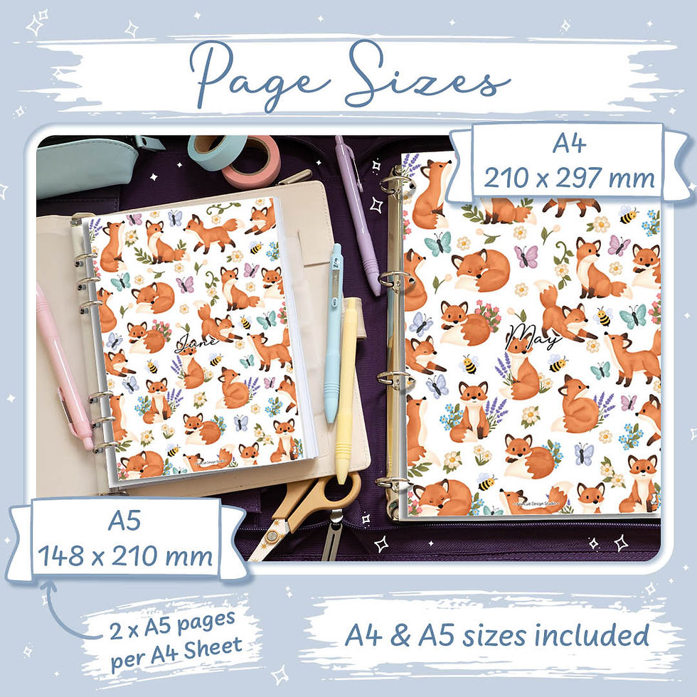 Thumbnail: Printable page divider featuring a full fox cub, butterfly and wildflower pattern illustration.