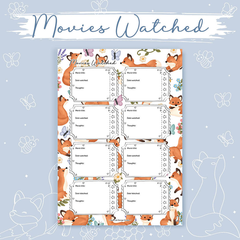 Printable movies watched tracker page featuring vintage movie ticket, fox cubs and butterfly illustrations.