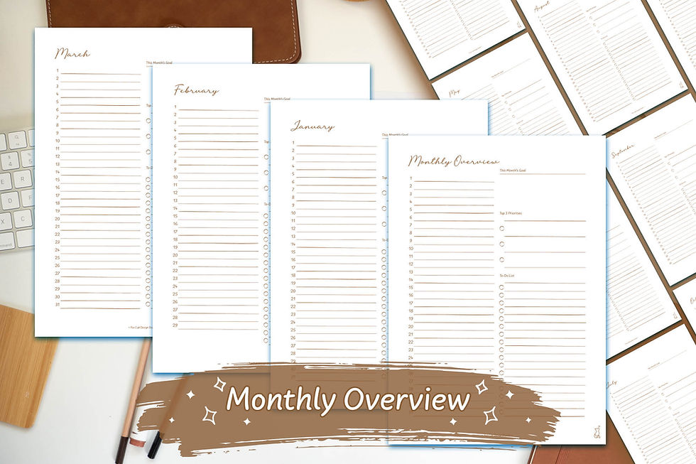 Brown Hand-Drawn Monthly Overview Bundle Digital Download on a white desk with brown stationary
