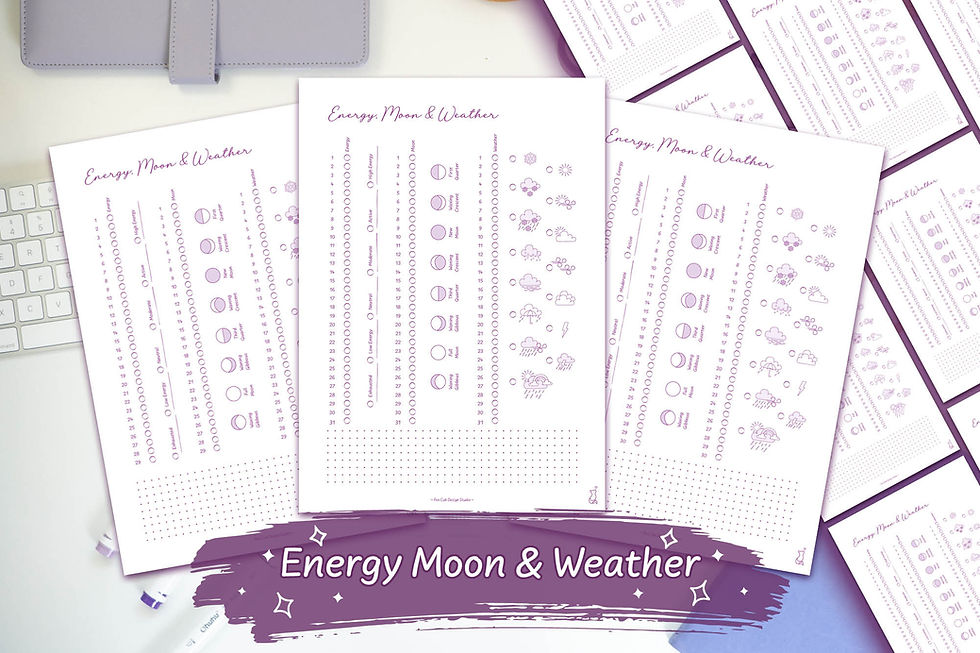 Purple Hand-Drawn Energy, Moon and Weather Tracker Digital Download on a white desk with purple stationary