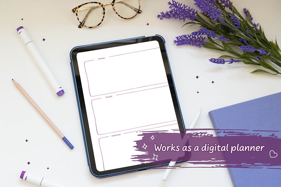 Thumbnail: Purple Hand-Drawn Weekly Spread Design 4 Digital Download on a white desk with purple stationary