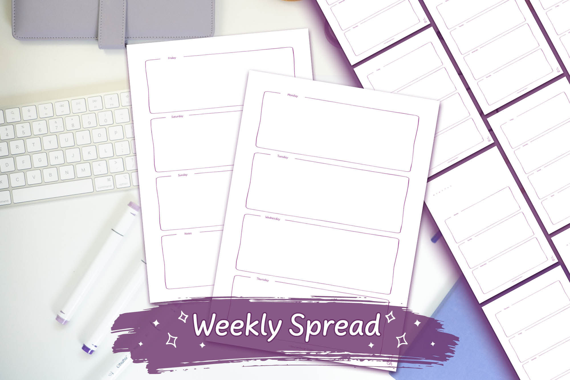 Purple Hand-Drawn Weekly Spread Design 4 Digital Download on a white desk with purple stationary