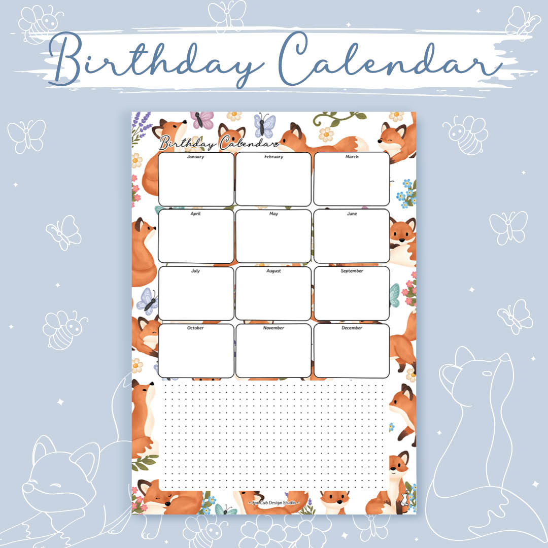 Printable birthday calendar tracker planner page featuring hand-drawn fox cub, butterfly and wildflower illustrations.