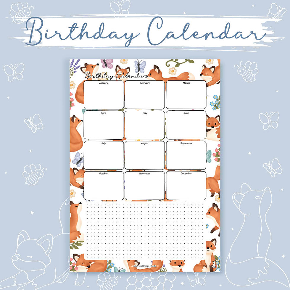 Printable birthday calendar tracker planner page featuring hand-drawn fox cub, butterfly and wildflower illustrations.