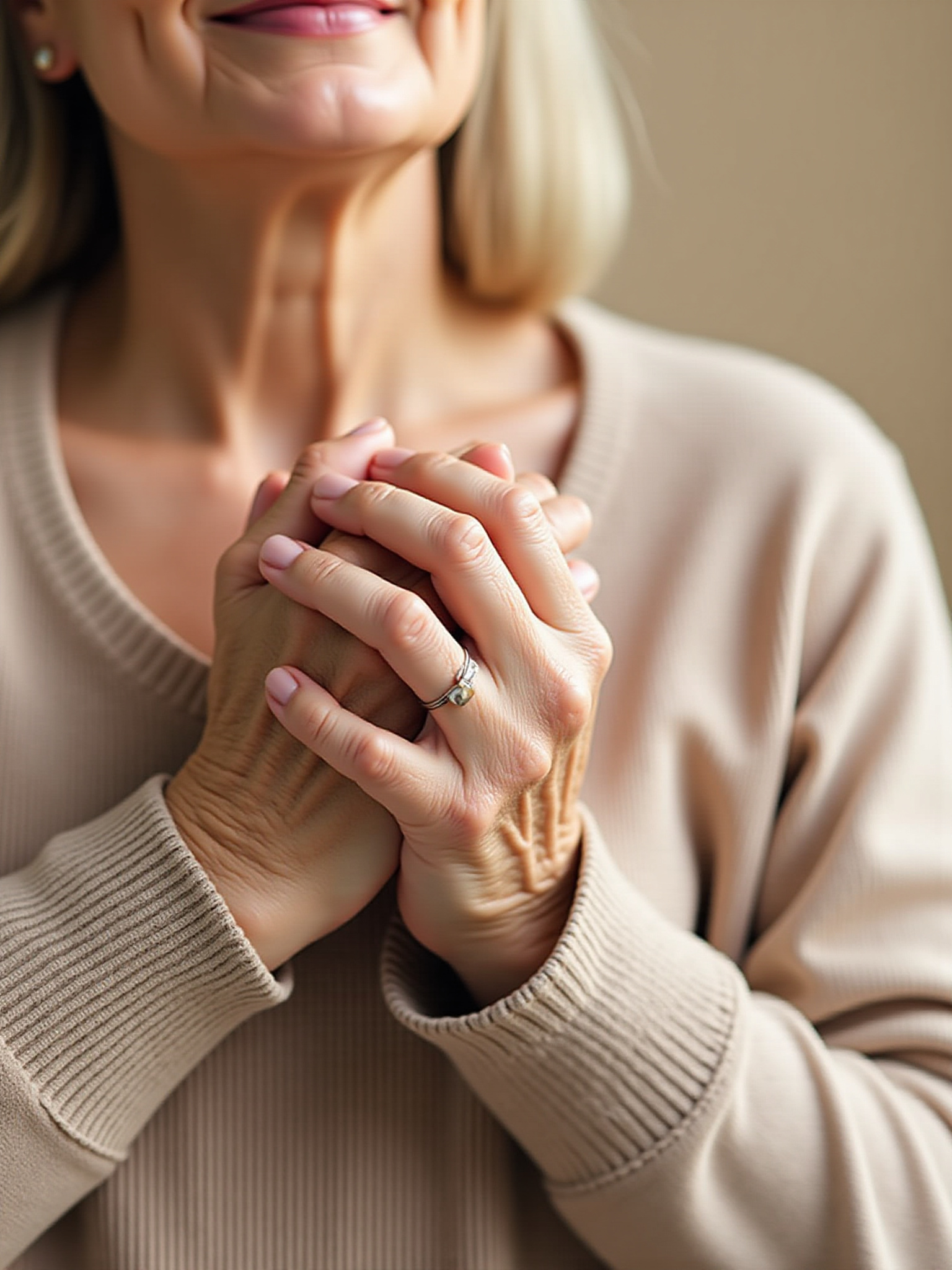 Woman's hands clasped together, showing age and care