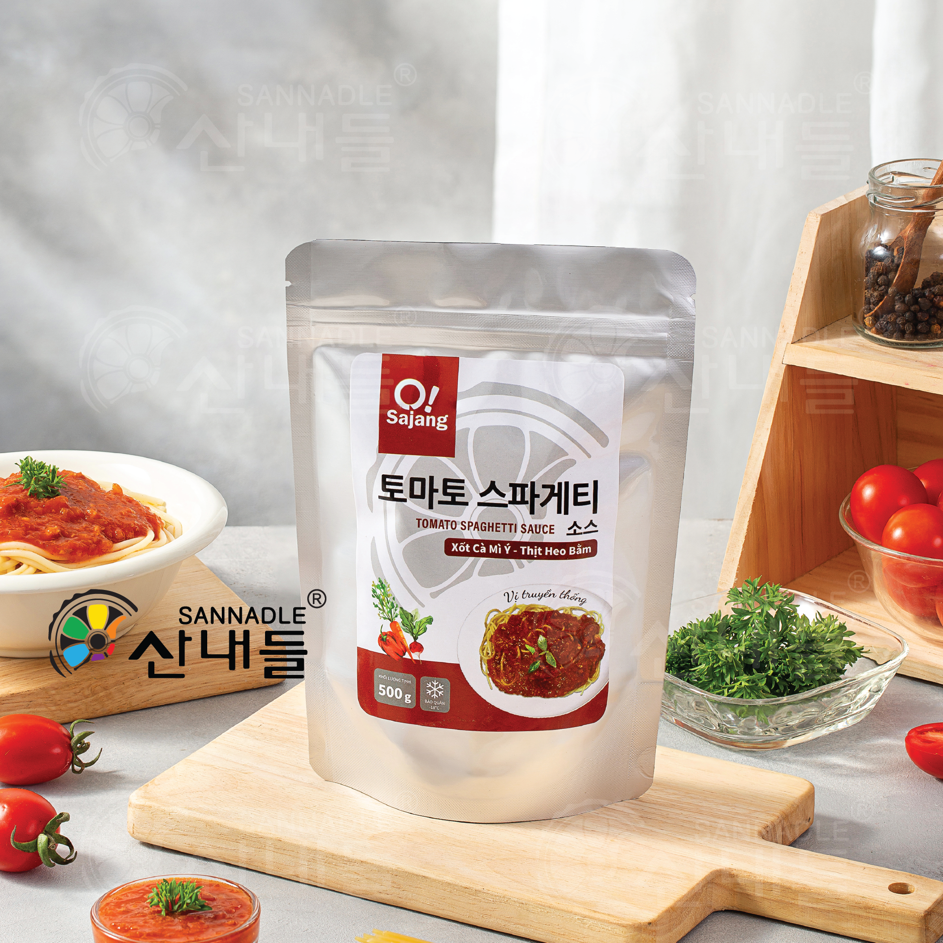 mặt trước gói sốt spaghetti thịt heo bằm osajang