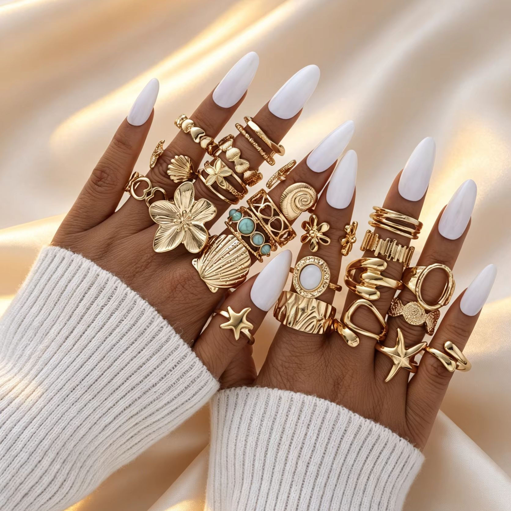 23Pcs Vintage Bohemian Minimalist Ring Set for Women Turquoise Flowers Asymmetry