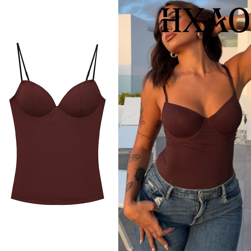 Thumbnail: HXAO Woman Tops Corset Crop Top Women Sleeveless Black Brown Top With Straps Cam