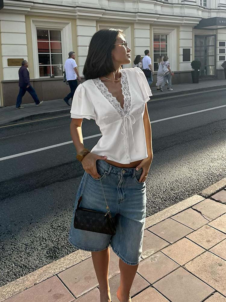 Thumbnail: Elodie Lace Tie-Front Blouse