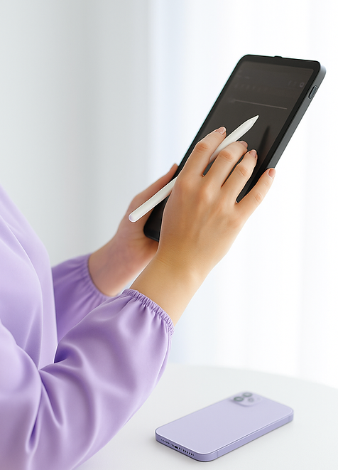 Eine Frau, die mit einem Stift etwas auf ihrem Tablet markiert