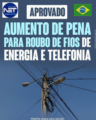O projeto que aumenta as penas para quem furta cabos e equipamentos de energia e telefonia (PL 4.872/2024) está perto de virar lei. Aprovado pelo Senado em abril, o projeto foi confirmado pela Câmara 