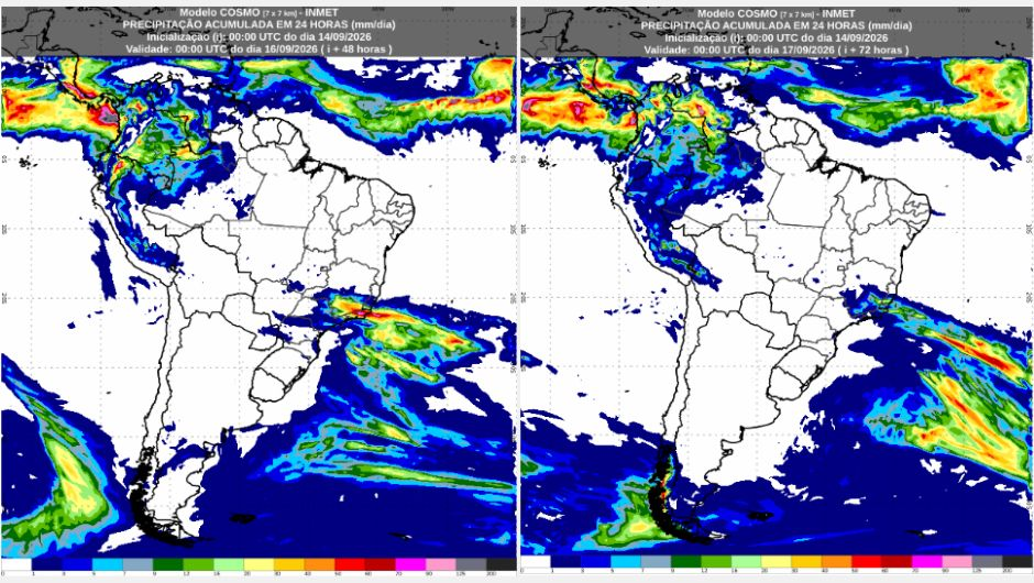 Notícias | Agricultura Inmet: previsão do tempo para terça (15/9) e quarta-feira (16/9)Frente fria mantém temperaturas baixas no Sul, enquanto canal de umidade favorece chuvas no Centro-Oeste e Sude