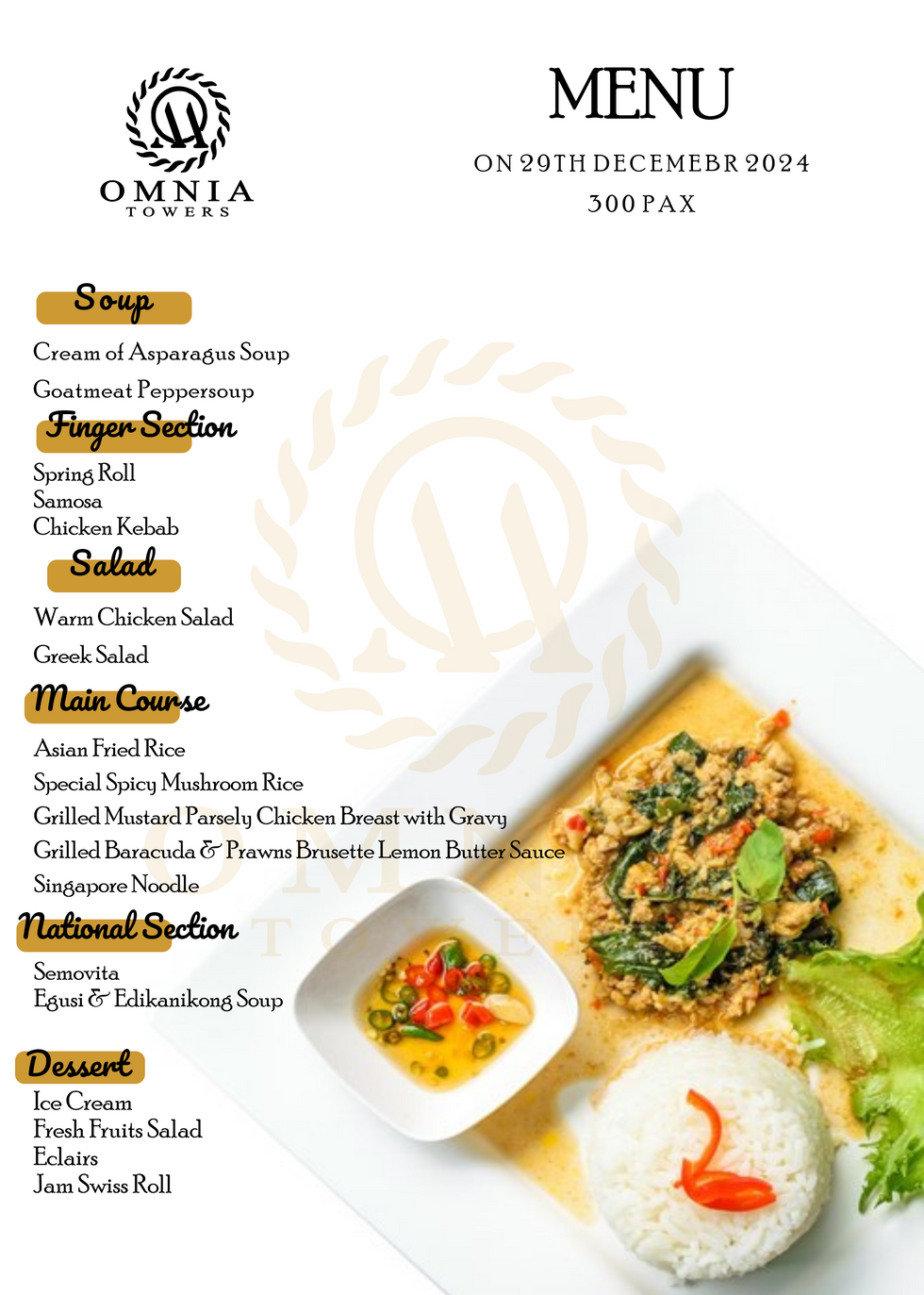 Dinner Menu 29th Dec. 300 pax