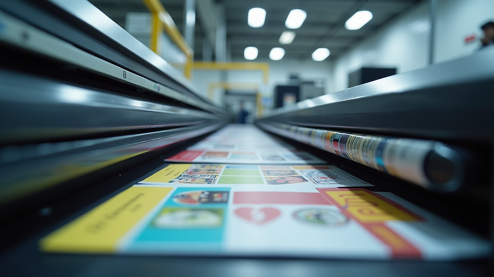 Eye-level view of a modern printer producing colorful brochures