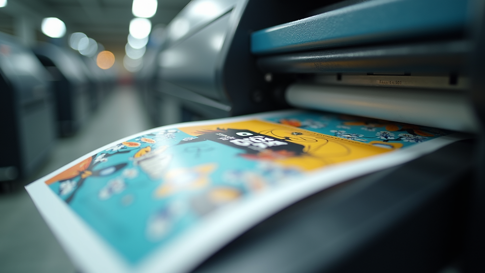 Eye-level view of a printing press in action producing colorful flyers