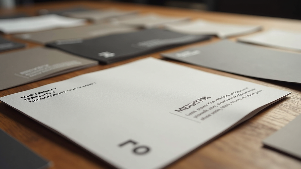 Close-up view of printed branding materials including business cards and brochures on a wooden table
