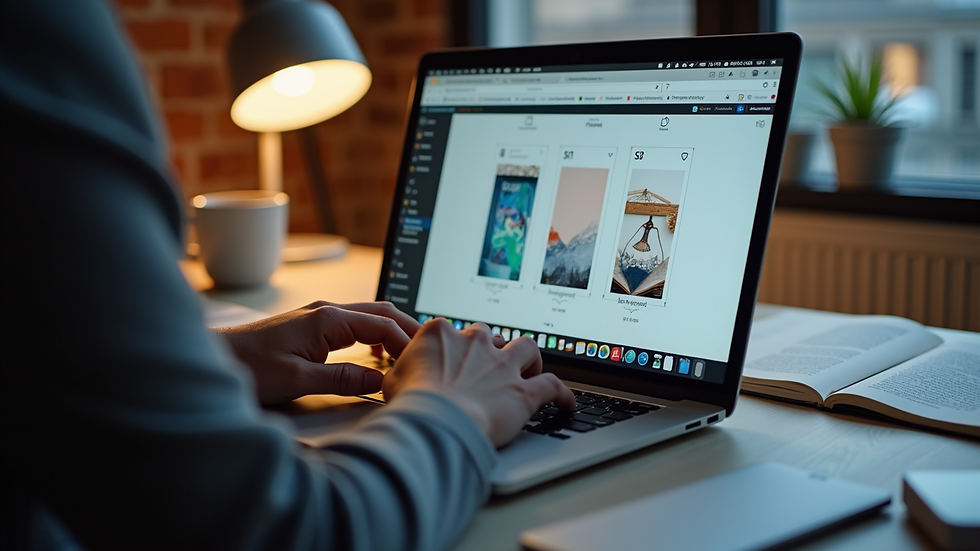 Eye-level view of a designer working on a laptop with graphic design software