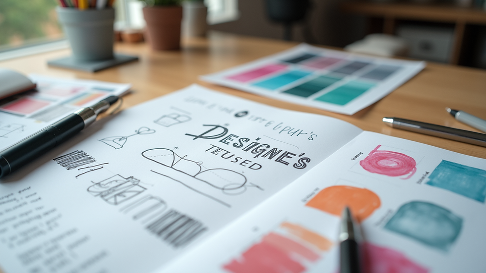 Close-up view of a designer’s desk with branding sketches and color swatches