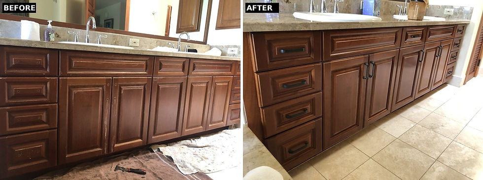 Cherry bathroom vanity before and after refinishing, scratches and worn edges repaired