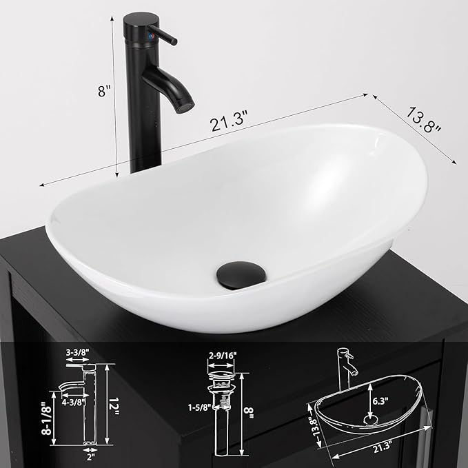 Thumbnail: Oval White Ceramic Vessel Vanity Sink Cabinet 72L With Trash Hole