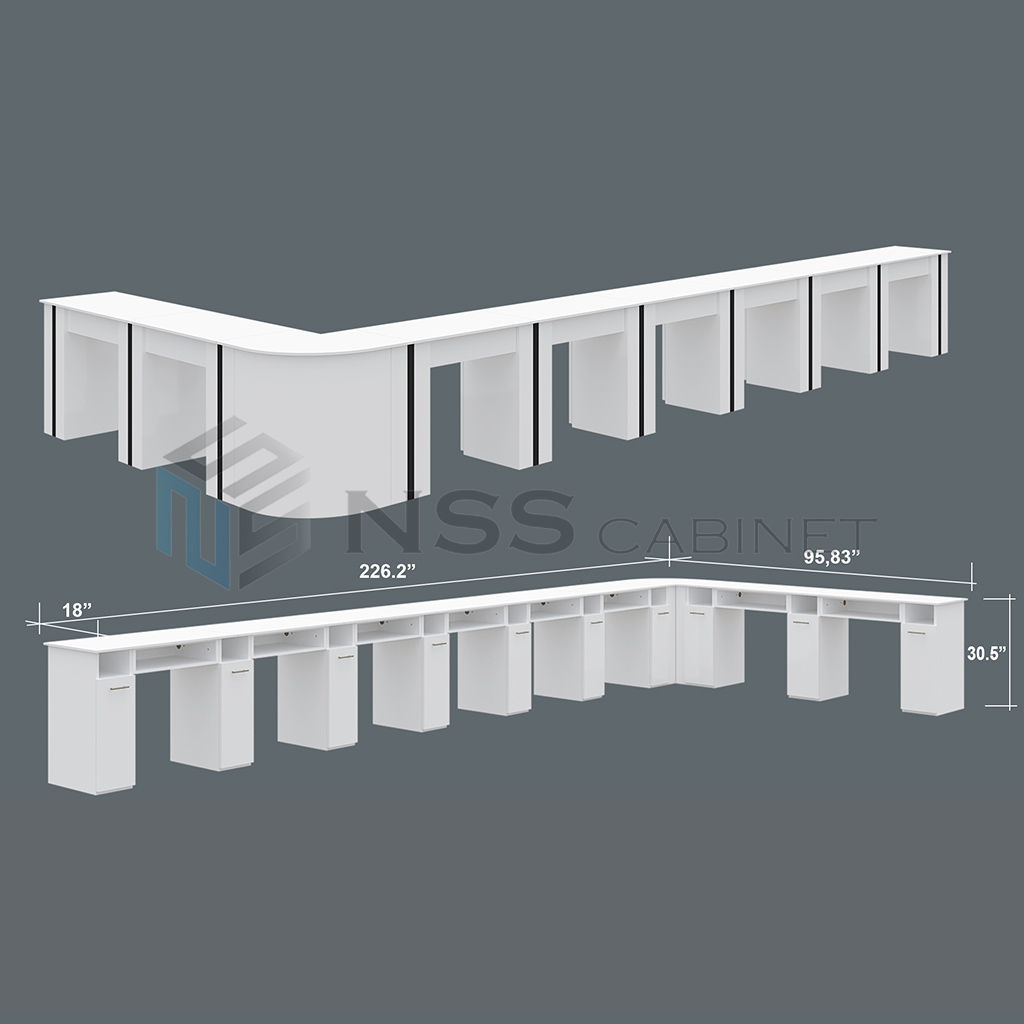 L Shape 8 Seat Black Strip Nail Table