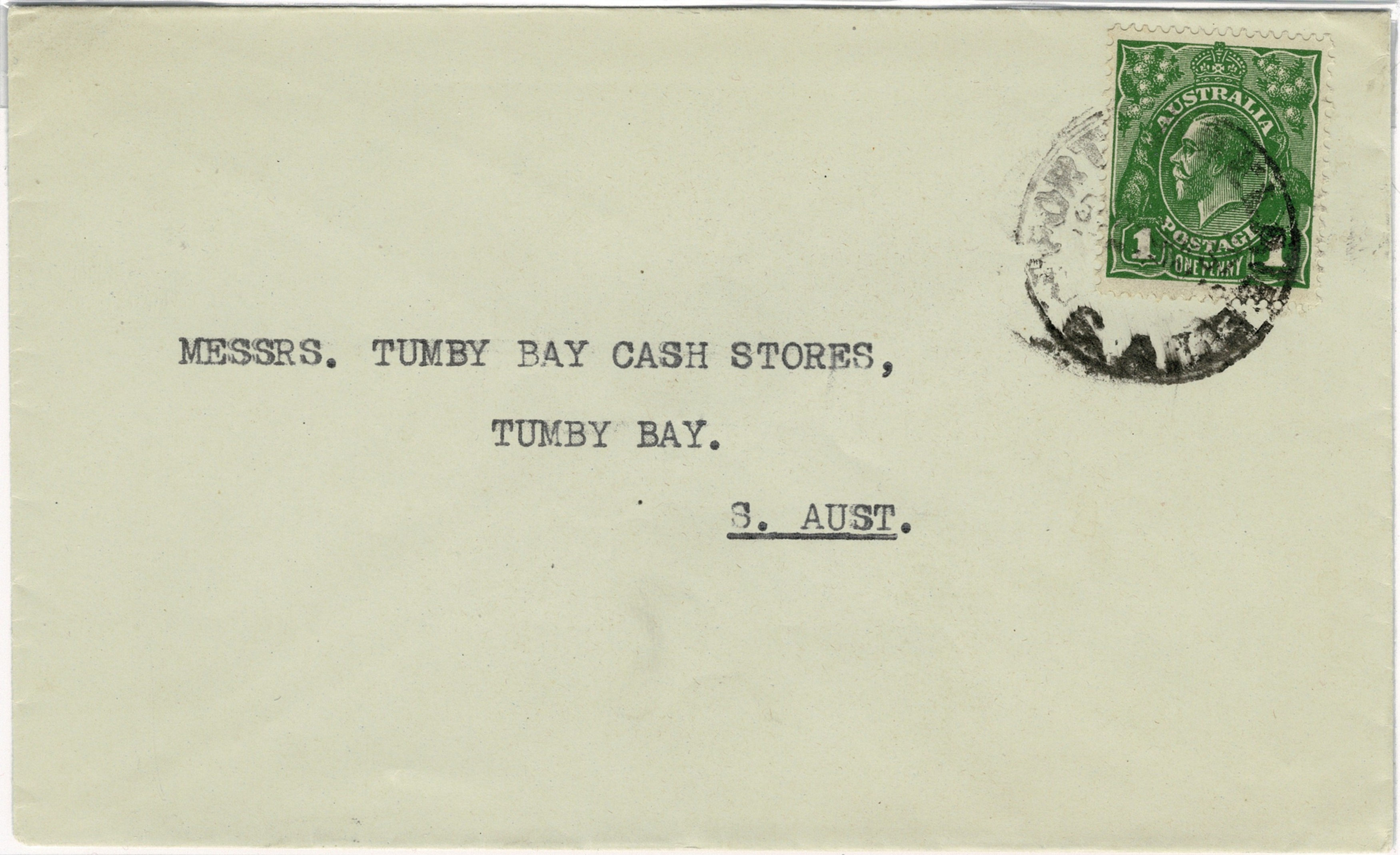 Plain Cover to Tumby Bay SA with KGV Variety 8/14 Thin One Penny (Retouch)