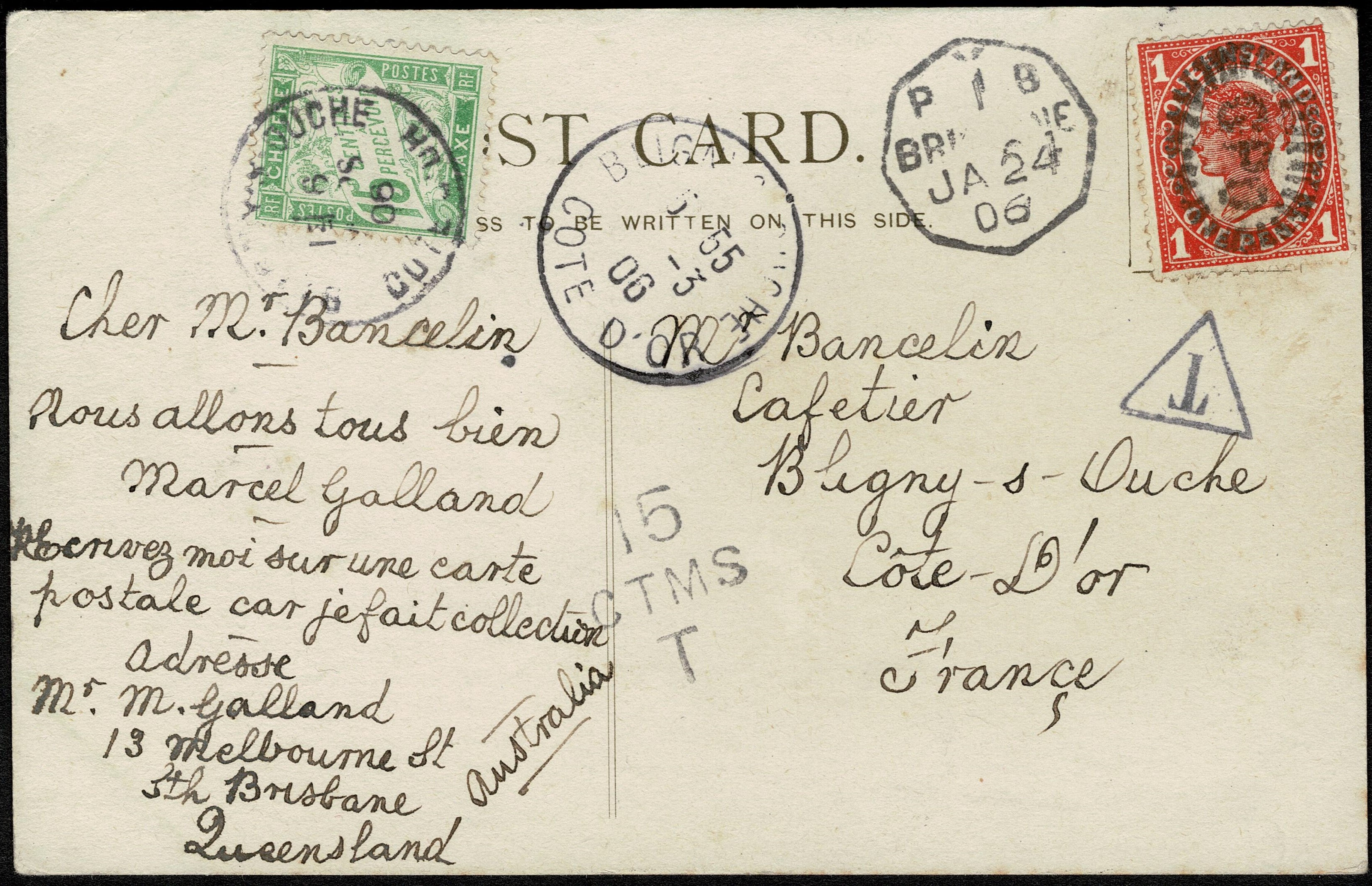 1906 Brisbane QLD to France, Taxed 15 Centimes.