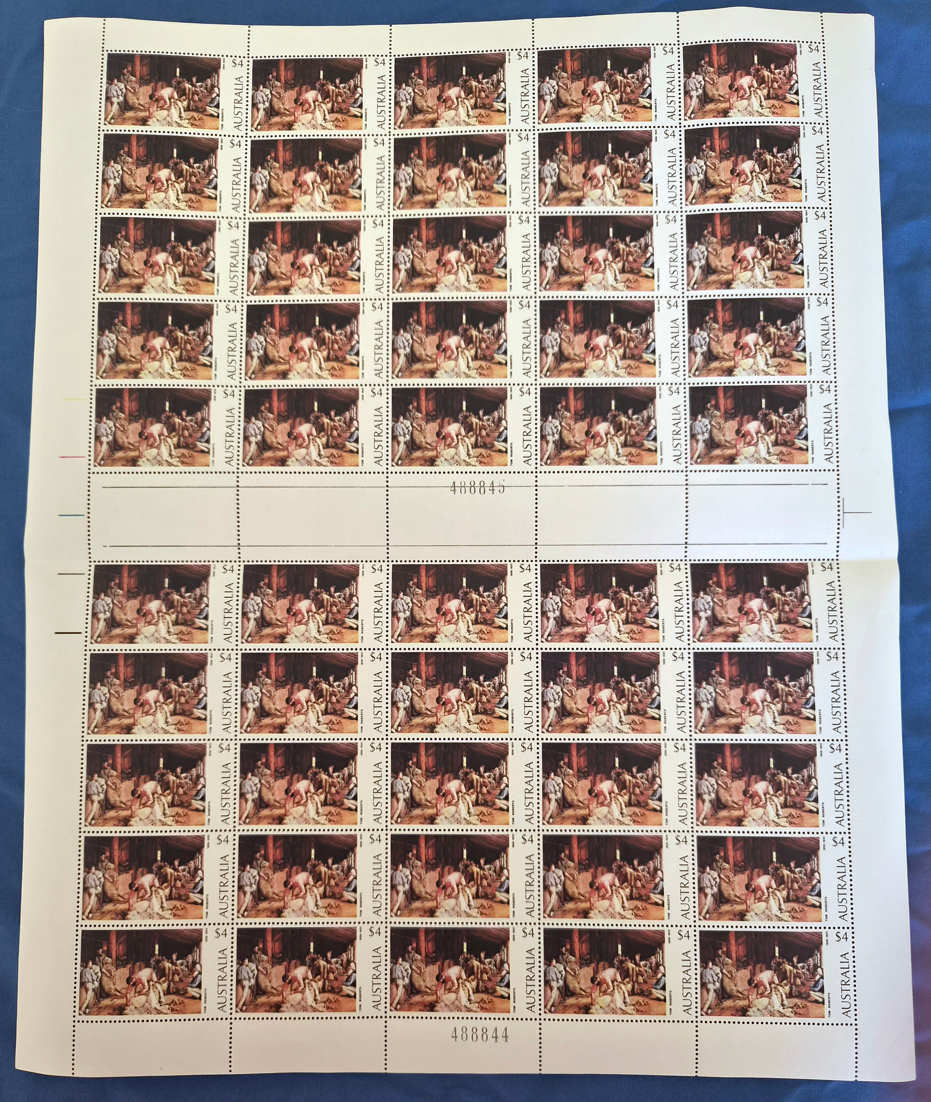 1974 Australian Paintings Definitive $4 "Shearing Rams" Full Sheet.