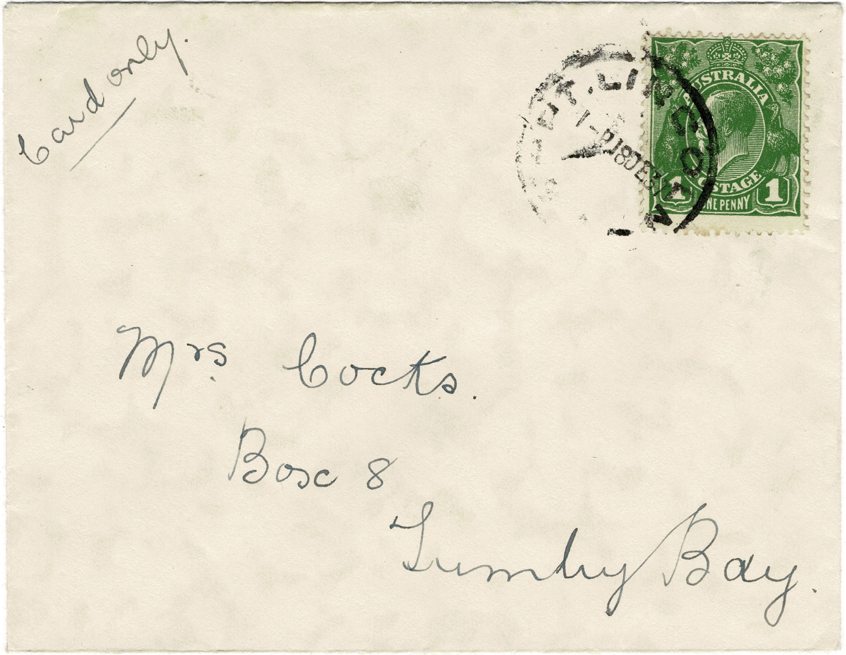 Small Card Only Cover with KGV Variety 8/13 "Distorted One Penny"