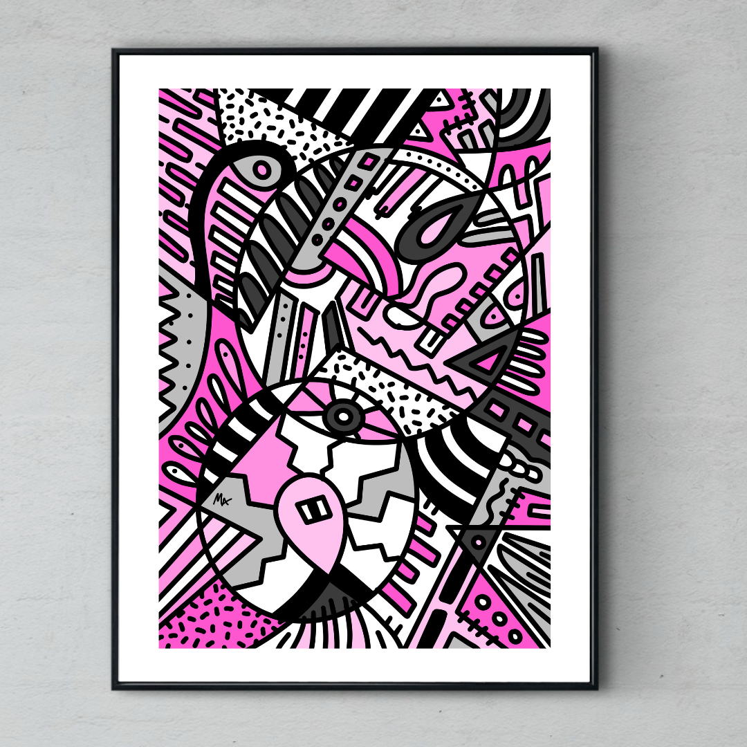 אבסטרקט ורוד גאומטרי מופשט הדפסה ומסגרת ציור מקורי אומנות לבית