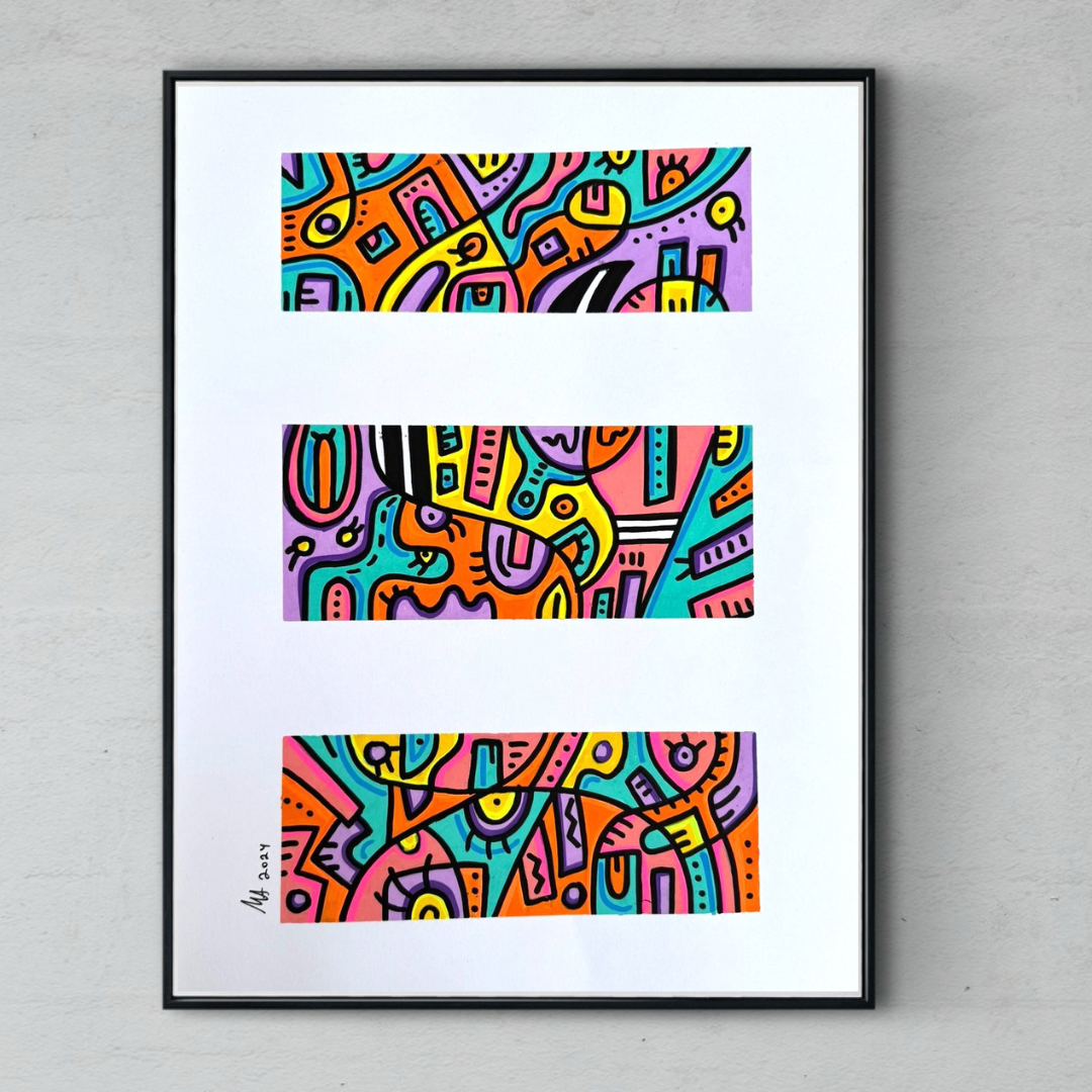 ציור אבסטרקט גיאומטרי  מקורי של האמנית מיכל ענבי בצבעוניות זוהרת ומרגשתר ONE OF A KIND