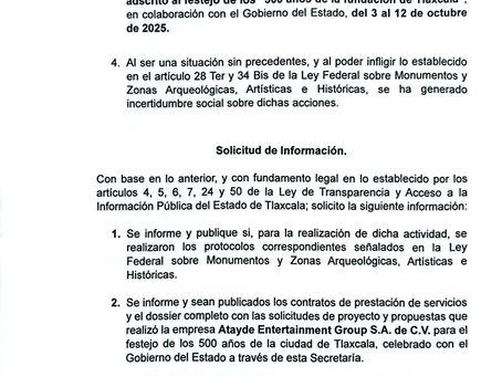 PRESENTA PRD SOLICITUD DE INFORMACIÓN SOBRE PERMISOS PARA USO DE ESPACIOS HISTÓRICOS POR CELEBRACIÓN DE LOS 500 AÑOS DE TLAXCALA