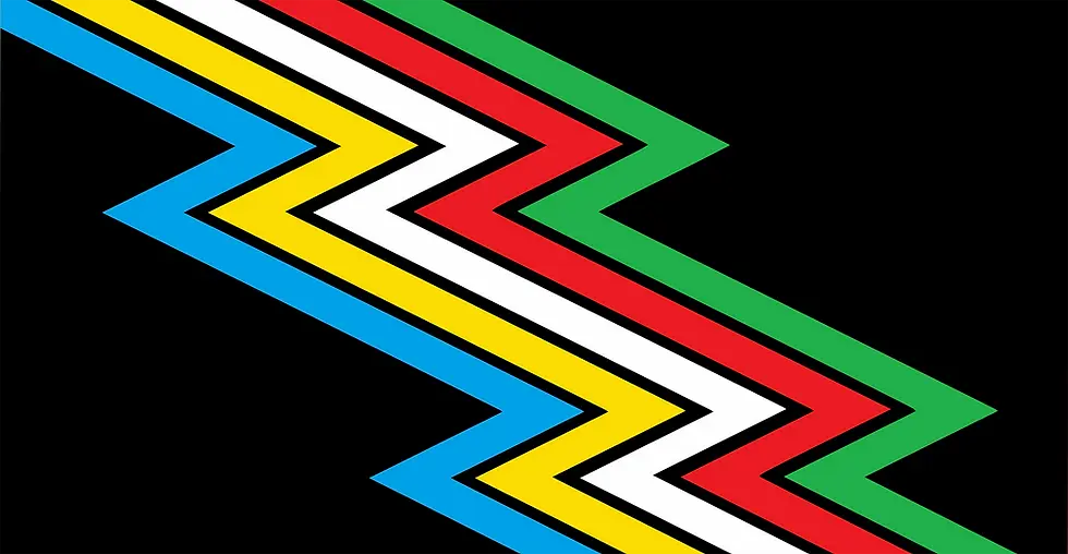 Green, red, white, yellow, and blue diagonal zigzag stripes on a black background.