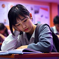 Asian high school student struggling with school work. Looking stressed. Photo realistic.j