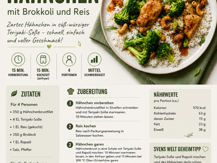 Rezept-Pin für Teriyaki-Hähnchen mit Brokkoli und Reis im Svens-Welt-Design. Der Pin zeigt ein asiatisch inspiriertes Hähnchengericht mit Brokkoli, Reis und Teriyaki-Soße sowie die vollständige Zutatenliste, Zubereitung, Garzeiten und praktische Rezeptinformationen. Ideal als einfaches Familienrezept für den Alltag.