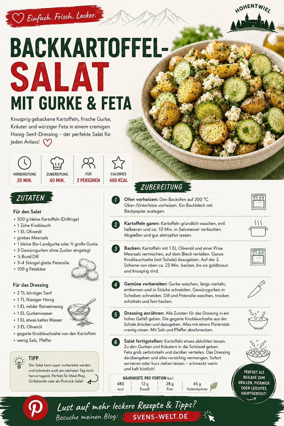 Knuspriger Backkartoffelsalat mit Feta, Gurke und frischen Kräutern in einer Schüssel. Einfaches Rezept mit cremigem Honig-Senf-Dressing – ideal als Grillbeilage, leichtes Hauptgericht oder sommerlicher Kartoffelsalat.
